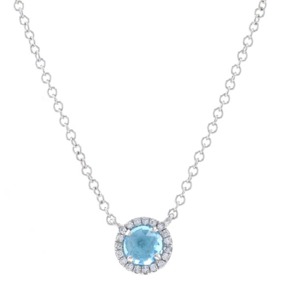 White Gold Blue Topaz & Diamond Halo Necklace 14k Rose Cabochon.46ctw Adjustable